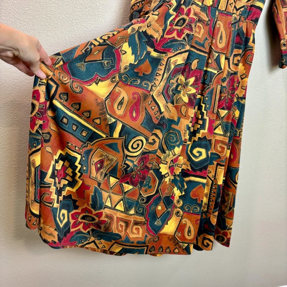 Sabino Vintage 80s‎ Midi Dress Abstract Print Belted Long Sleeve Size 6 Bohemian - Picture 11 of 16